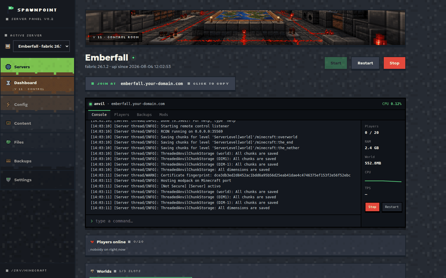 The Spawnpoint dashboard for a running Fabric server: live console, TPS and RAM meters, a copyable join address, and Realms-style world slots.